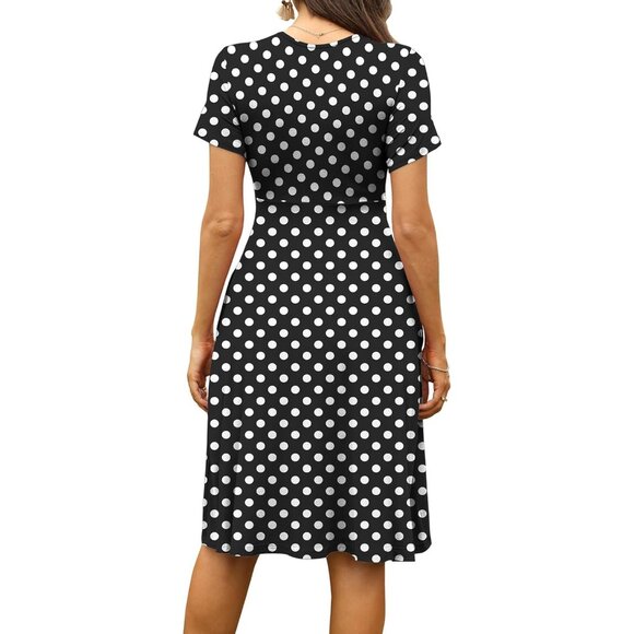 Women White Dot Short Sleeve V-Neck Floral Stretchy Party Dress with Pockets - Picture 5 of 5